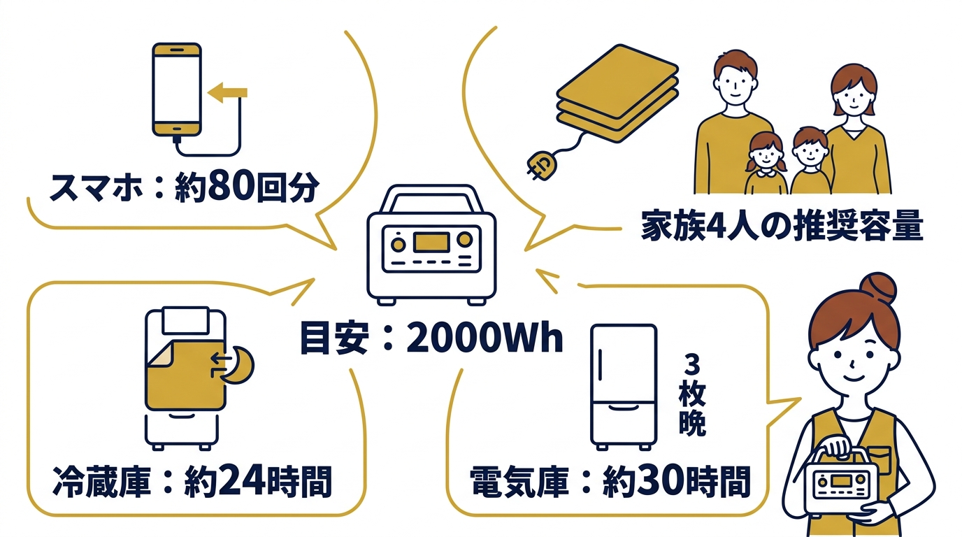 家族4人が災害時にポータブル電源で3日間過ごす容量目安