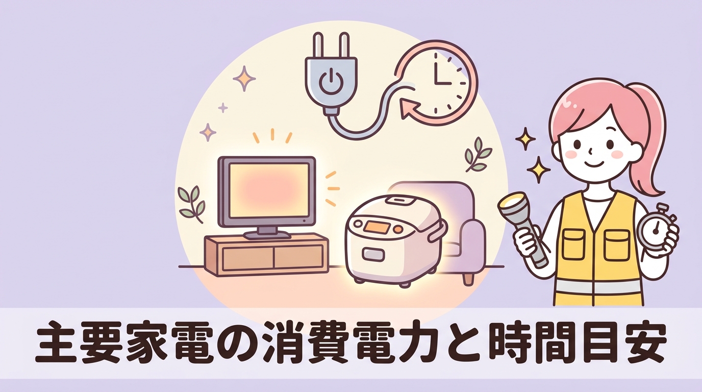 主要な家電の消費電力と使用可能時間の目安