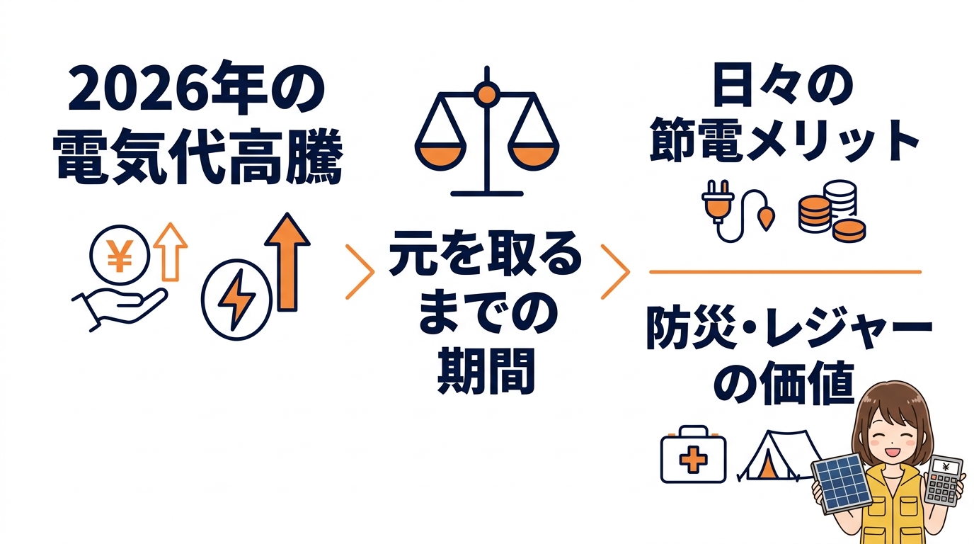 ポータブル電源とソーラーパネルで元は取れる？