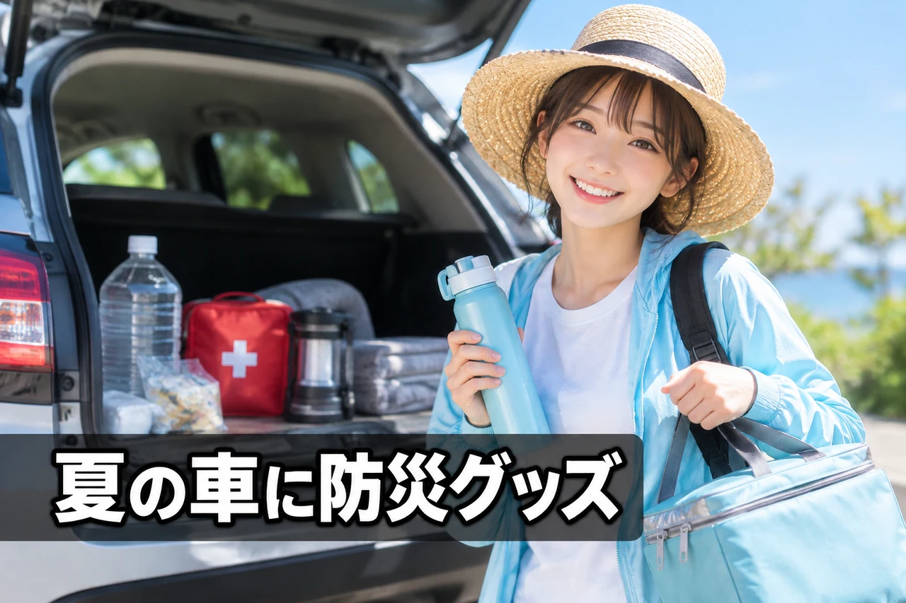 夏の車に防災グッズを常備する理由をイメージした写真風の画像