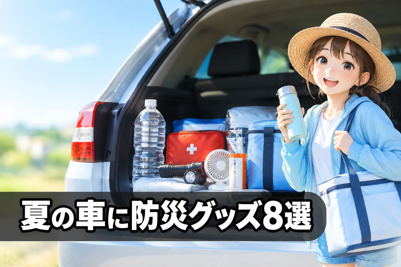 夏に車へ常備したい防災グッズ8選をイメージした写真風の画像