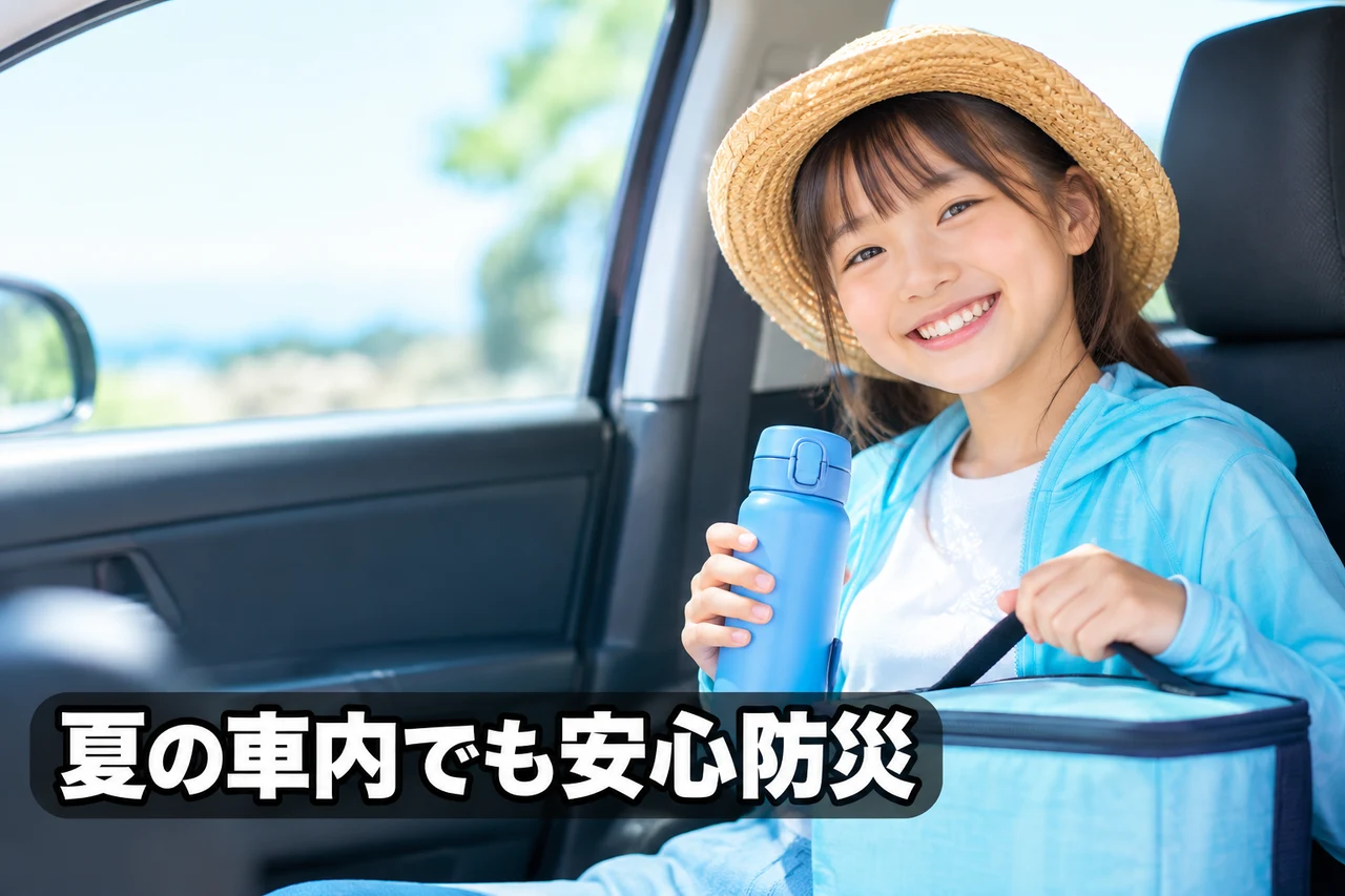 夏の車内で防災グッズを選ぶときのポイントをイメージした写真風の画像