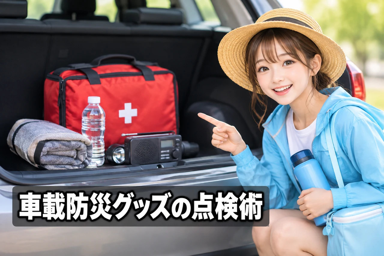 車載用防災グッズの収納と定期点検のコツをイメージした写真風の画像