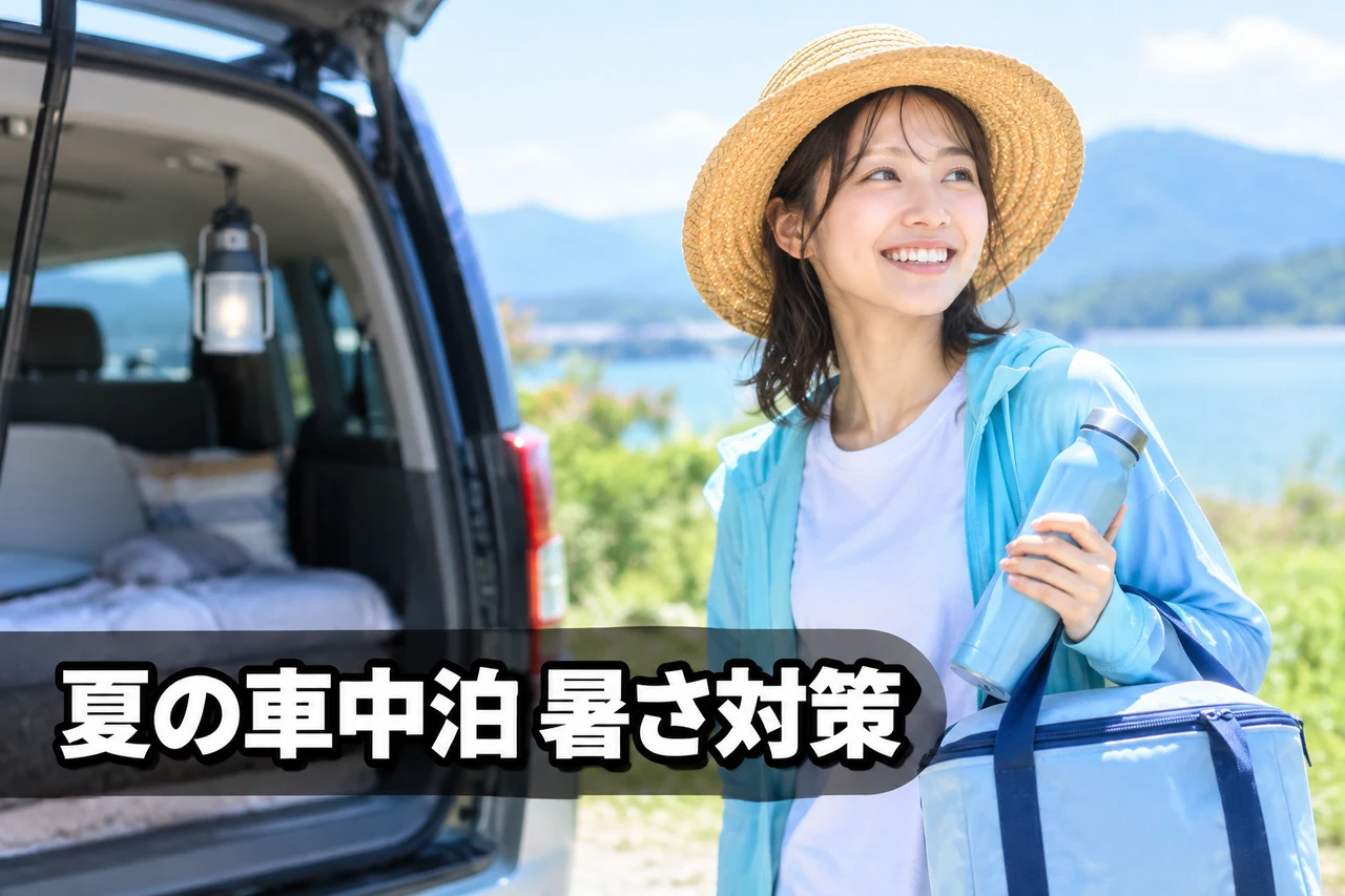 夏の車中泊避難で注意したい暑さ対策をイメージした写真風の画像