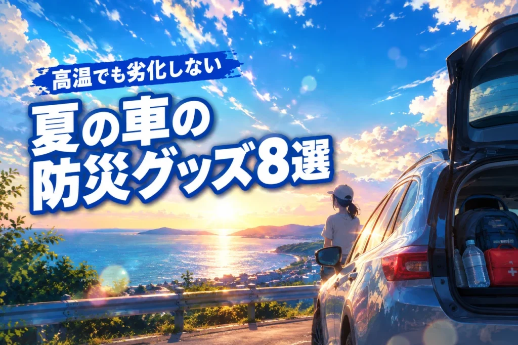 夏の車に常備したい防災グッズ8選！高温でも劣化しない選び方と収納のコツ（記事のアイキャッチ画像）