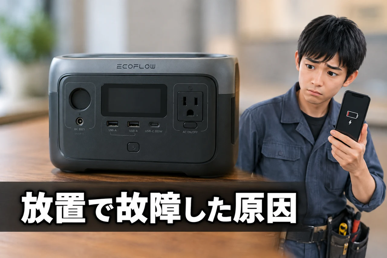 EcoFlow RIVER 2を放置して使えなくなった原因をイメージした写真風の画像