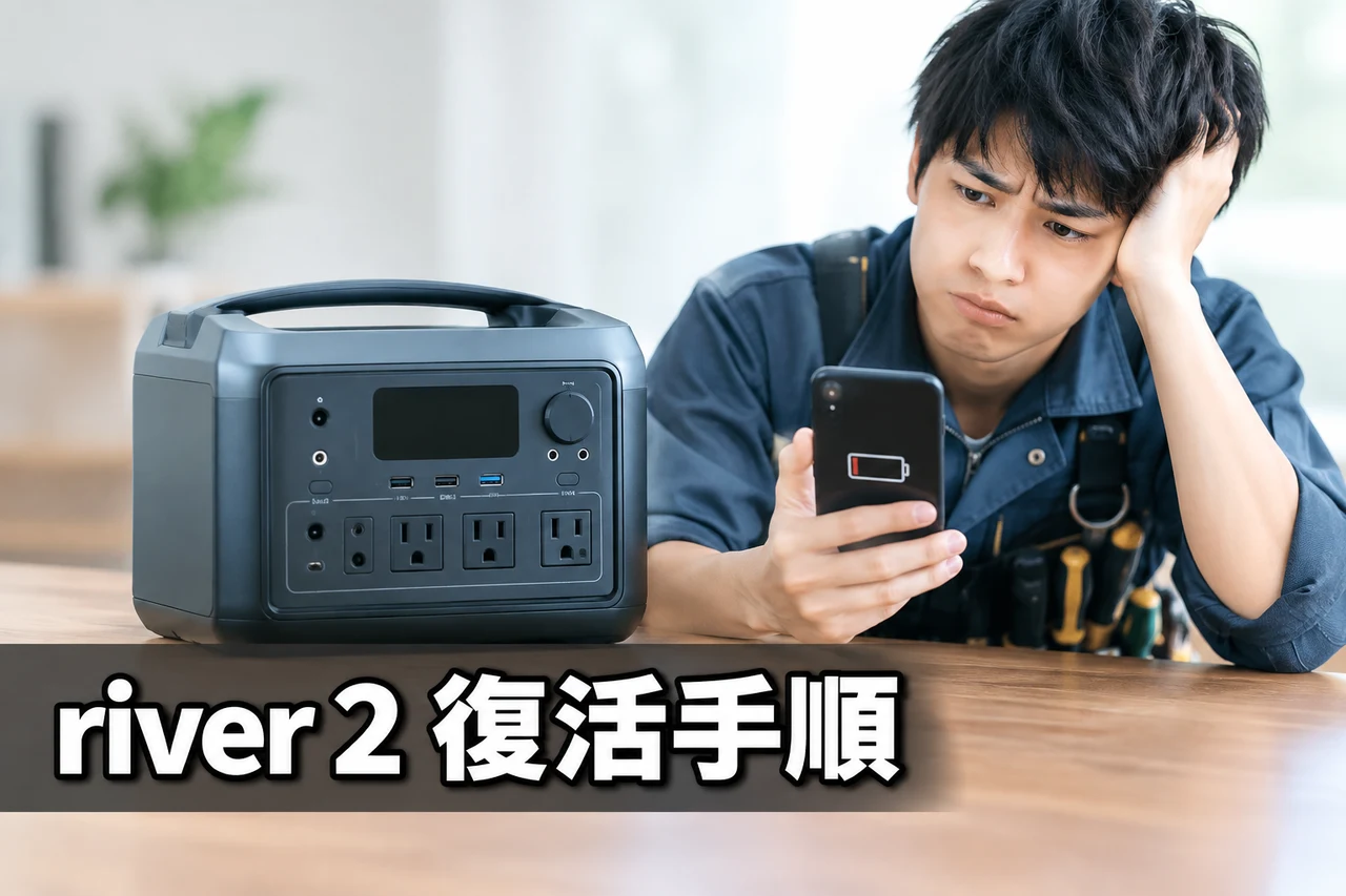 放置後に動かないEcoFlow RIVER 2を確認する手順をイメージした写真風の画像