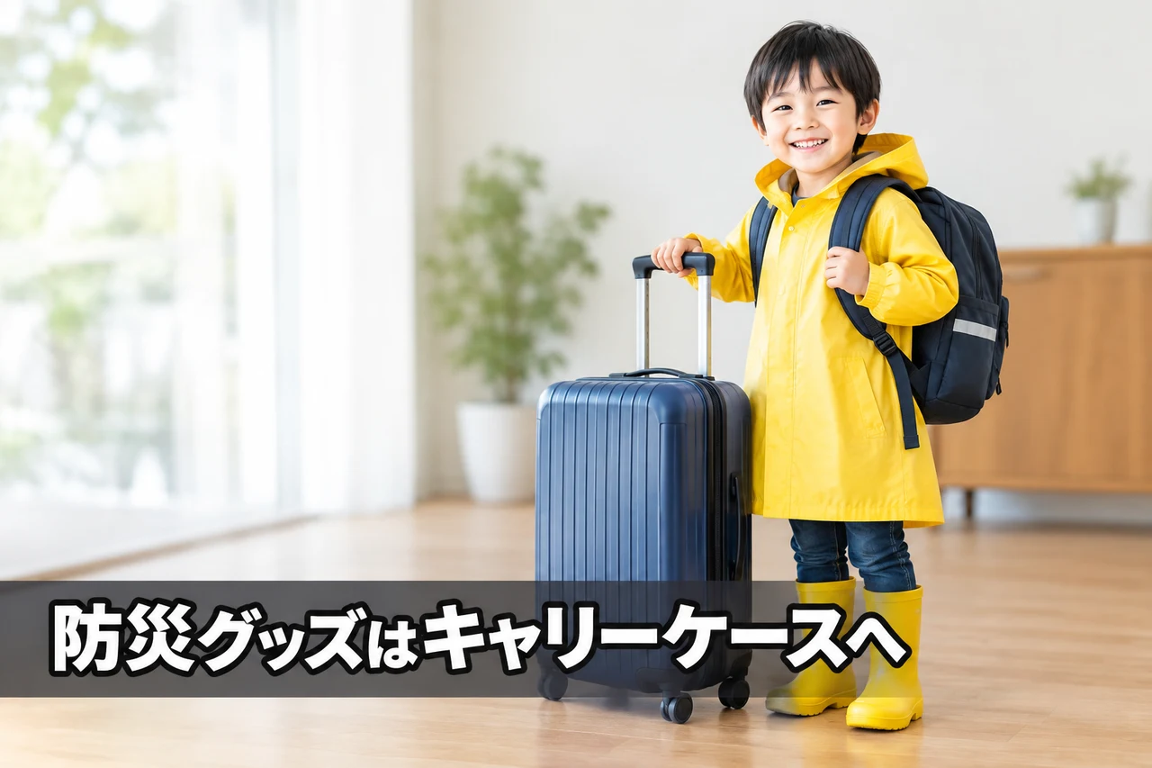 防災グッズの収納にキャリーケースは向いている？をイメージした写真風の画像