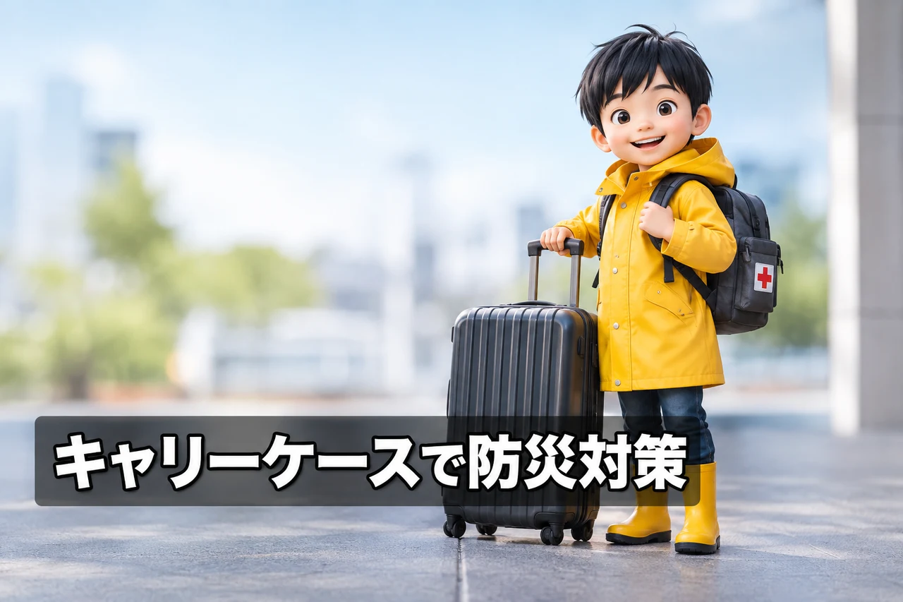 防災グッズにキャリーケースを使うメリットをイメージした写真風の画像