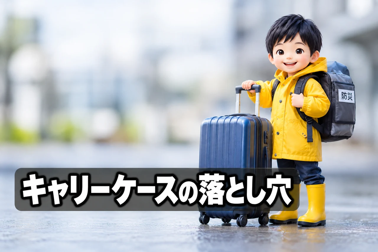 防災グッズにキャリーケースを使うデメリットをイメージした写真風の画像