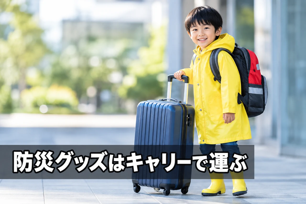 防災グッズをキャリーケースで運ぶコツをイメージした写真風の画像